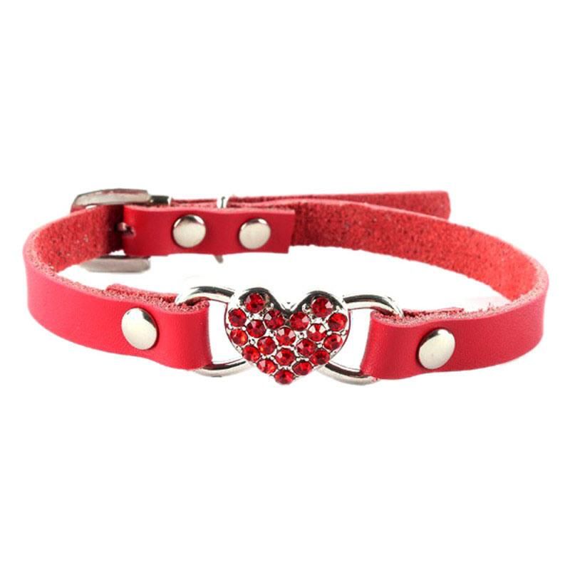 Adjustable Leather Pet Collar with Rhinestone Heart-Shaped Pet Collar