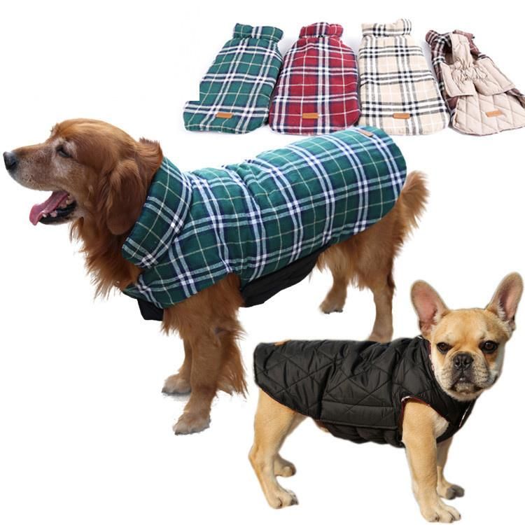 Dog Cold Weather Clothes British Style Plaid Dog Coat Warm Cotton Lined Vest Windproof Outdoor Apparel