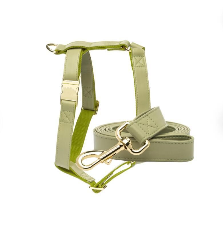 Olive Leather Luxury Dog Collar Leash Set