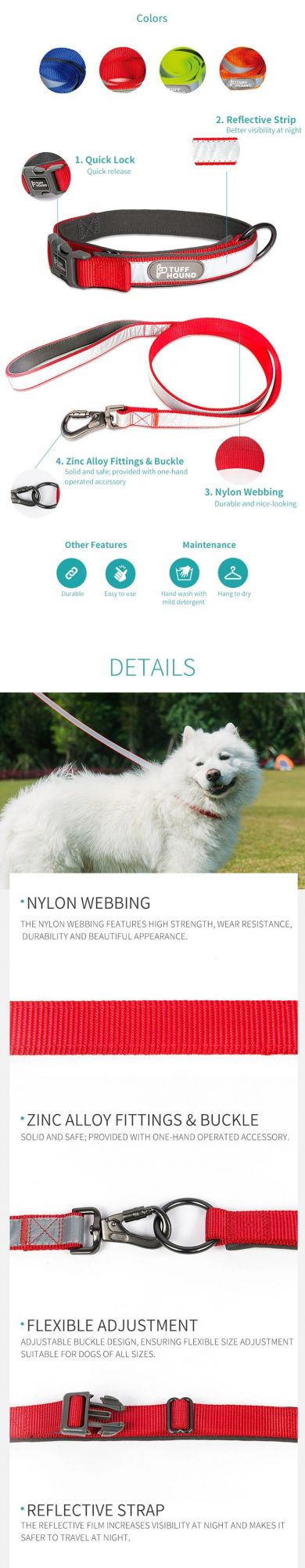 China Wholesale Factory Custom Logo Retractable Reflecttive Pet Dog Training Leads Premium Rope Collar Polyester/Nylon Hook Dog Leash