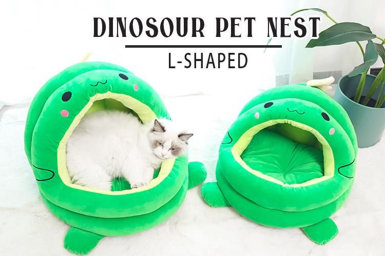 Wholesale Deep Sleep Pet House Semi-Enclosed Crystal Super Soft Green Dinosaur Cat Nest Bed