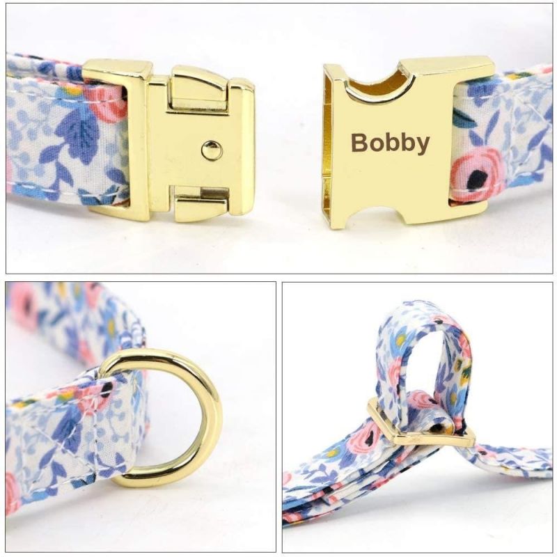 Floral Pattern Engraved Pet Collars with Personalized Gold Buckle