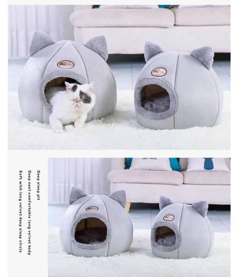 2-in-1 Foldable Cat Bed Kitten Cage Nest Indoor Cave House with Removable Soft Mat