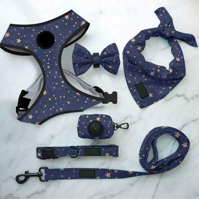 Factory OEM Custom Logo Pattern Adjustable Soft Mesh Padded Reversible Dog Harness Lead Collar Set