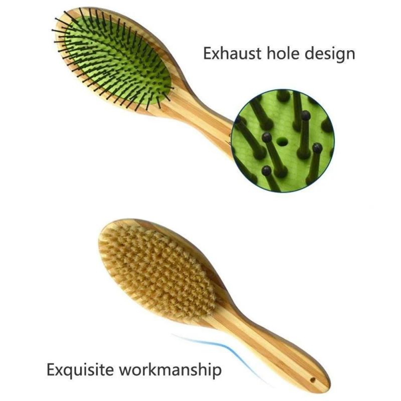 Double Sided Pet Grooming Bath Brush Natural Bristle Bamboo Comb Removes Loose Fur & Dirt