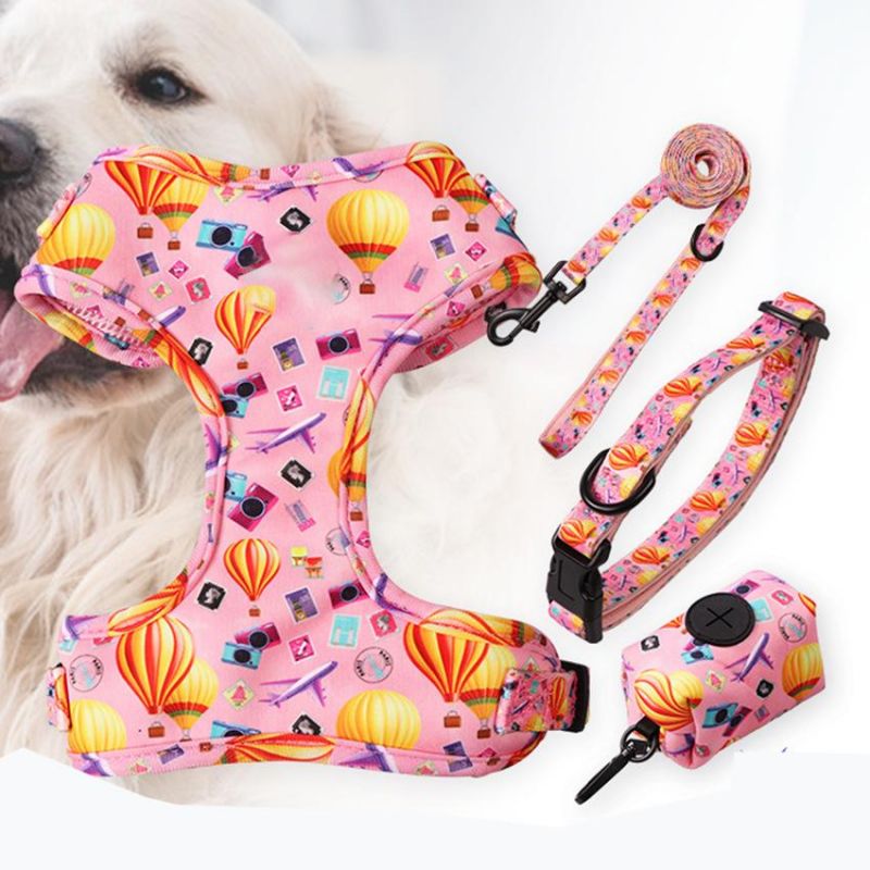 OEM Custom Designer Soft Padded Sublimation Patterns Pet Supplies Dog Leash Set Pet Neoprene Neck Adjustable Dog Harness