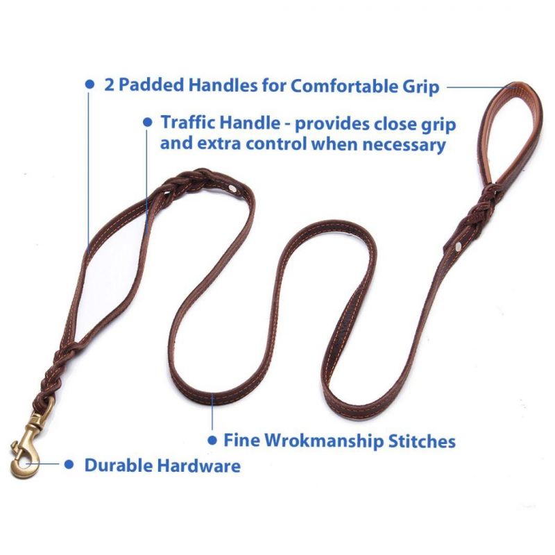 Leather Dog Leash Dog Taining Walking Leashes Lead with Padded Traffic Handle