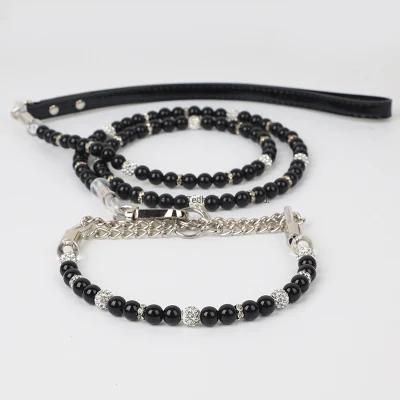 Luxury White Black Jeweled Pearl Dog Collar Chains and Leash Set Pet Accessories Cat Small Dog Lead Necklace