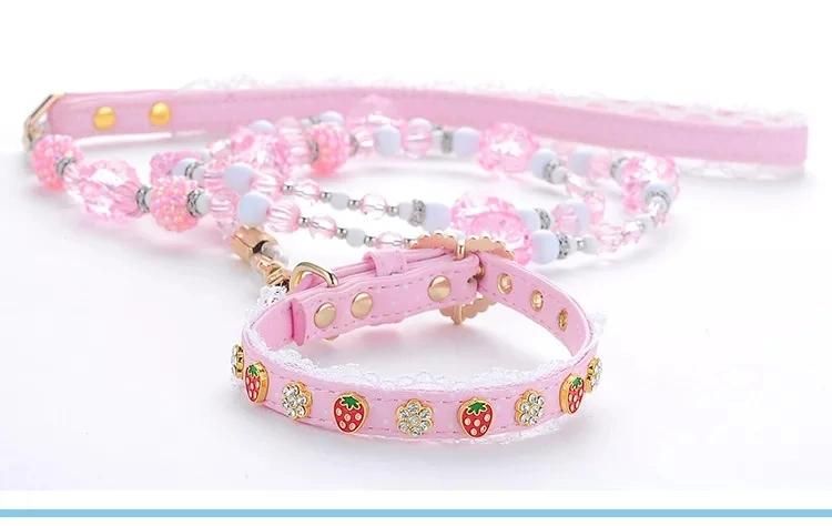 Cute Pink Strawberry Jeweled Crystal Dog Collar and Pet Leash Set