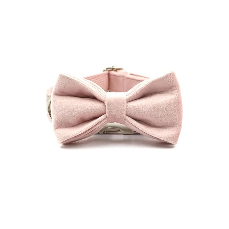 Durable Soft Velvet Dog Collar and Leash Fashion Cute Pink Dog Lead and Collar Set Bowtie Adjustable Metal Buckle Dog Collar