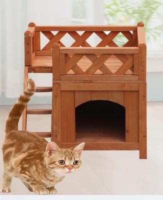 Wooden Deluxe Villa Cat House with Porch and Balcony