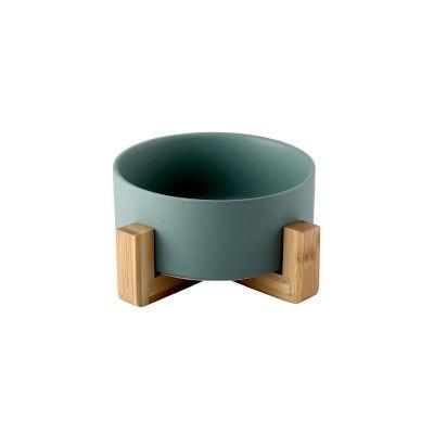 Customized Logo Bamboo Frame Ceramic Indoor Drinking Food Feeder Pet Bowl with Stand
