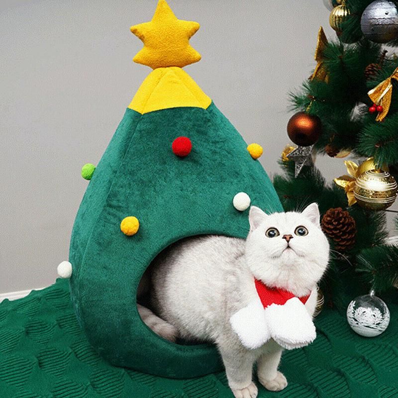 Cute Cat Pet Bed Cat Cave Half Closed Sleeping Bag Pet House Portable Christmas Cat House