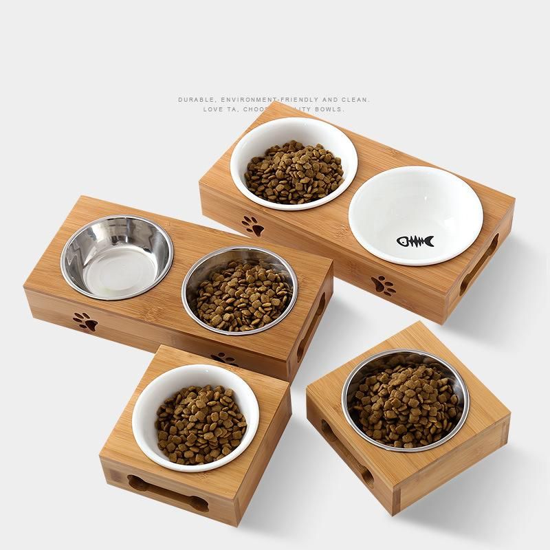 Pet Supplies Bamboo Wood Protect Cervical Spine Water Food Feeder Cat Dog Double Bowl with Wooden Frame and Stainless Steel Bowl