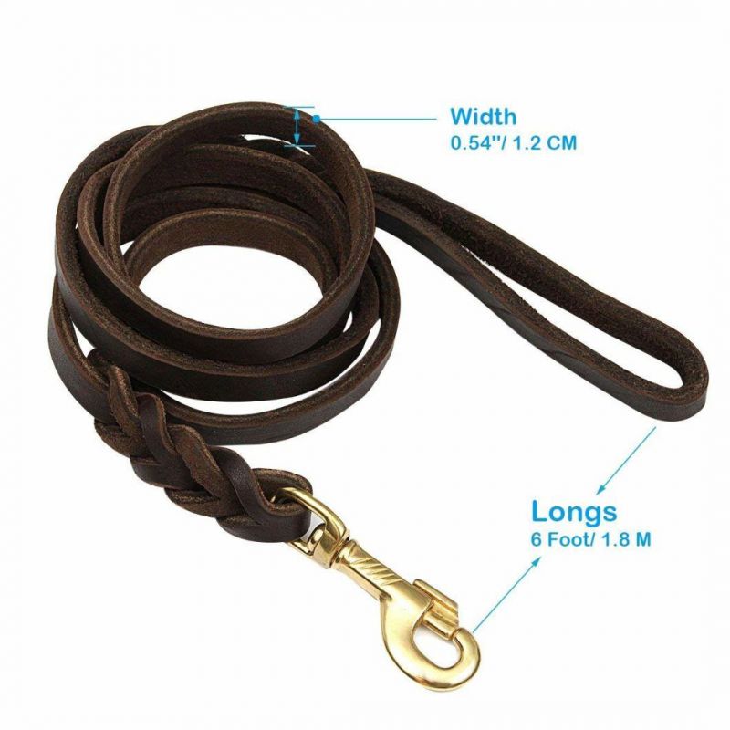 Leather Dog Leash 6 FT Leather Dog Training Leash Pet Braided Dog Leash for Large Medium Leads Rope Dogs Walking&Training (1/2 Inch, Brown)