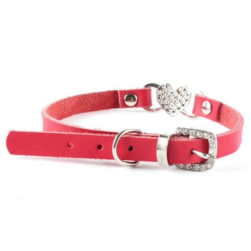 Adjustable Leather Pet Collar with Rhinestone Heart-Shaped Pet Collar