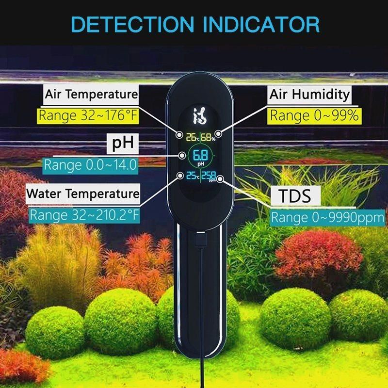 CE/RoHS Certified 5 in 1 Temp/pH/TDS/Air Temp/Humidity Tester WiFi Wireless pH Meter Fish Tank Thermometer