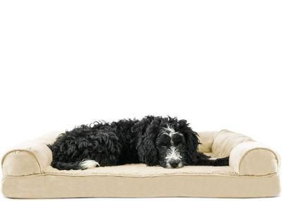 Orthopedic Plush Faux Fur &amp; Suede Sofa-Style Traditional Living Room Couch Pet Bed