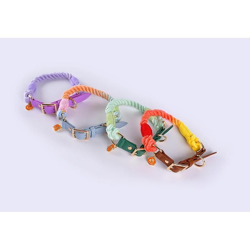 Best Selling Product Rope Cotton Pet Collars Special Colorful Handmade Cotton Braided Rope Dog Collar with Leather