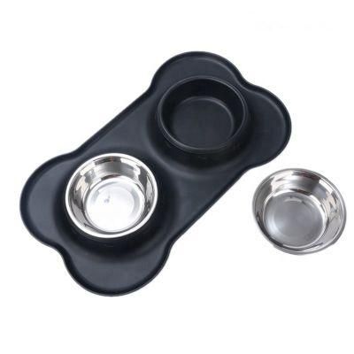Silicone Dog Bowl Silicone Stainless Steel Cat Bowl Non-Slip Pet Mat Pet Eating Double Bowl Pet Products 2021