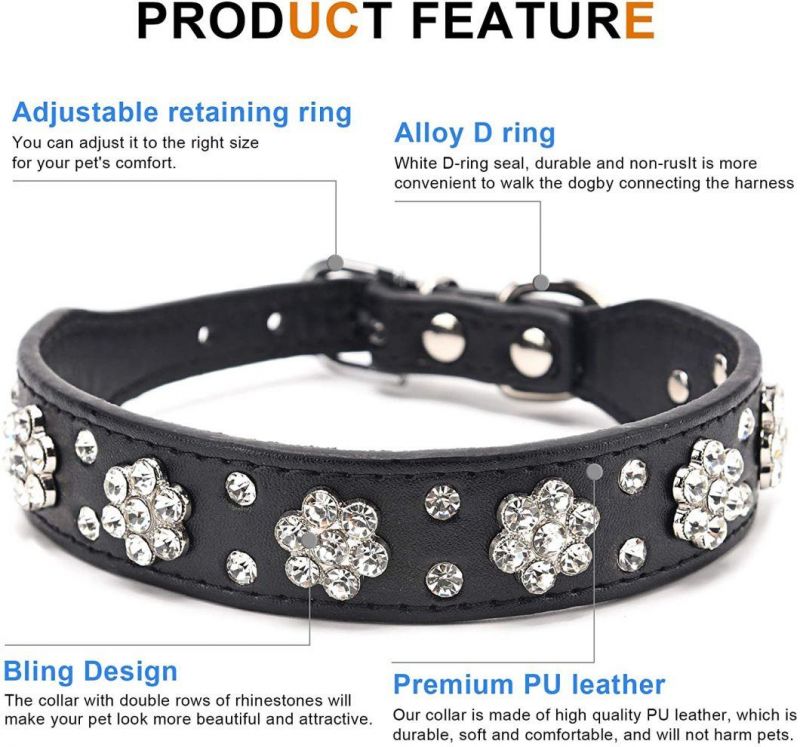 Dog Collar Cute Flower Rhinestone Dog Cat Collar PU Leather Pet Collar