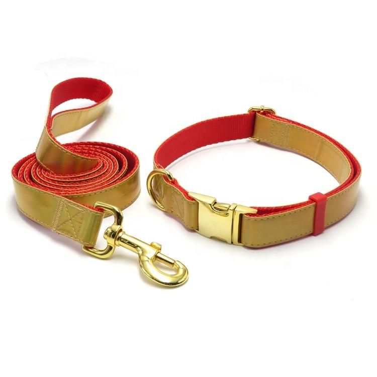 Custom High Quality Gold Metal Buckle Nylon PU Dog Collars Matching Leash Available Separately