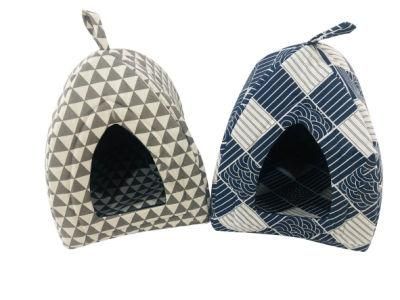 Printed Faux Linen Soft Pyramid Hut Pet Bed