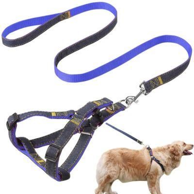 Adjustable Jean Denim Dog Leash Dog Collar and Dog Harness