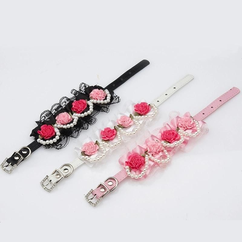 Stylish Flower Lace Pearl Pink White Black Dog Collar Cat PU Leather Collar Necklace Pet Accessories Supplies