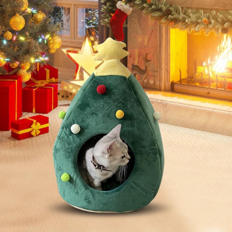 Cute Cat Pet Bed Cat Cave Half Closed Sleeping Bag Pet House Portable Christmas Cat House