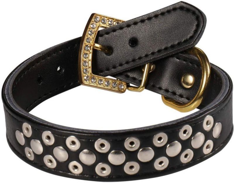 Luxury Gold Rhinestones Buckle Soft Leather Mushrooms Rivet Dog Collar