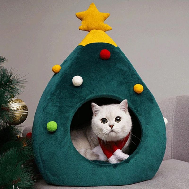 New Pet Cat Dog House Kennel Puppy Sleeping Bed Christmas Tree Shape Winter Warm Bed