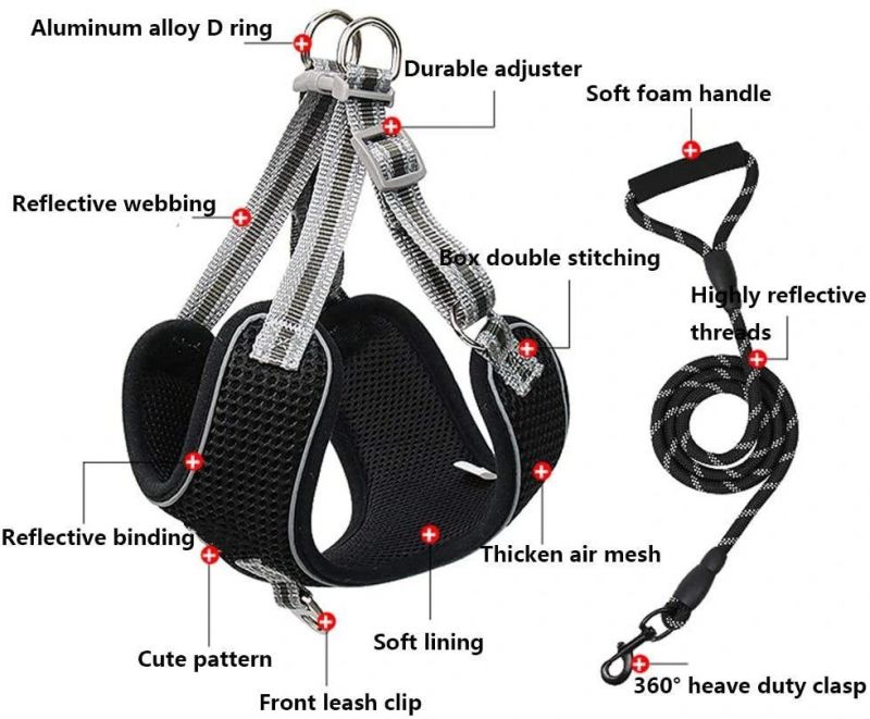 Soft Padded Thicken Air Mesh Dog Harnesses with Handle Leashes