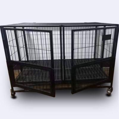 Double Door Black Metal Folding Wire Dog Cage with Tray and Wheels