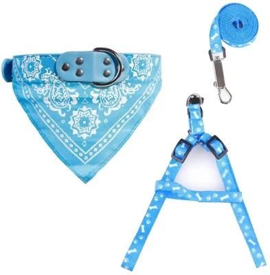 Custom Print Durable Nylon Strap Harness Dog Collar with Bandana Scarf Leather and Leash Set for Pet Outdoor