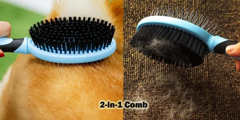 2-in-1 Combo Brush for Dogs & Cats, Pin Brush for Shedding Short Long Hair, Soft Bristle Brush for Clothes, Carpet and Cars, Blue
