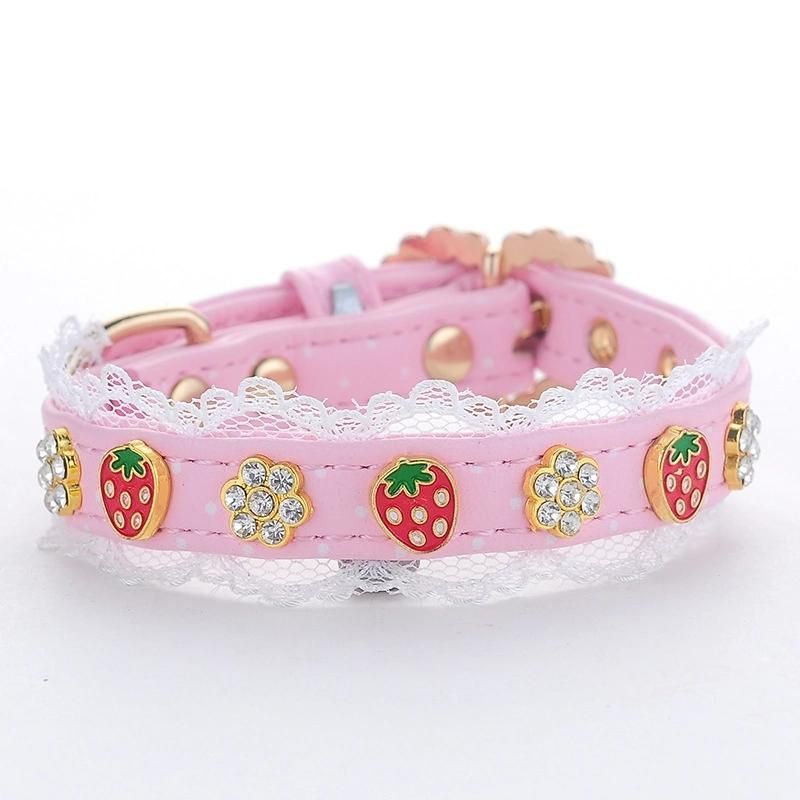 Cute Pink Strawberry Jeweled Crystal Dog Collar and Pet Leash Set