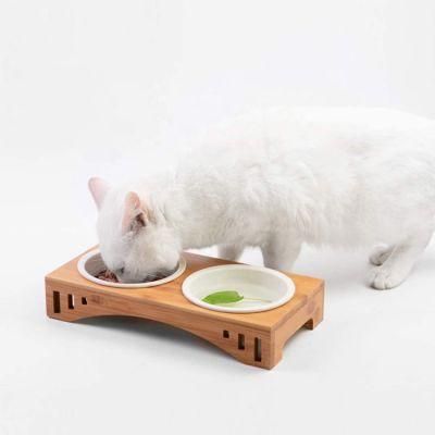 Made of Bamboo Stand and Ceramic Bowl for Pet