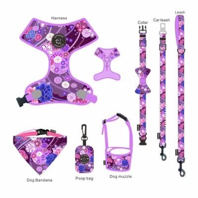 Custom Fashion Adjustable Pet Collar and Leash Harness Heat Transfer Sublimation Logo Printed Dog Collar Leash Set