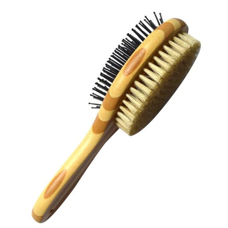 Double Sided Pet Grooming Bath Brush Natural Bristle Bamboo Comb Removes Loose Fur & Dirt