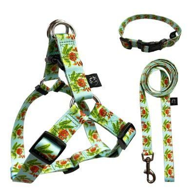 Adjustable Flower Pattern Pet Lope Heavy Duty Dog Puppy Cat Sublimation Collar Leash Harness Set