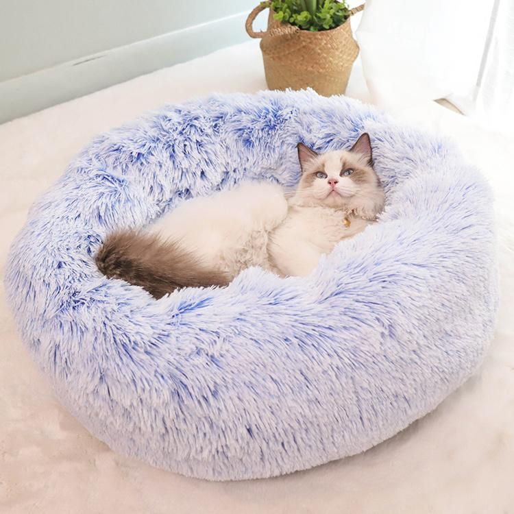 Multiple Colors Comfortable Soft Plush Round Anti-Slip Faux Fur Fluffy Donut Pet Dog Cat Sleeping Cushion Bed