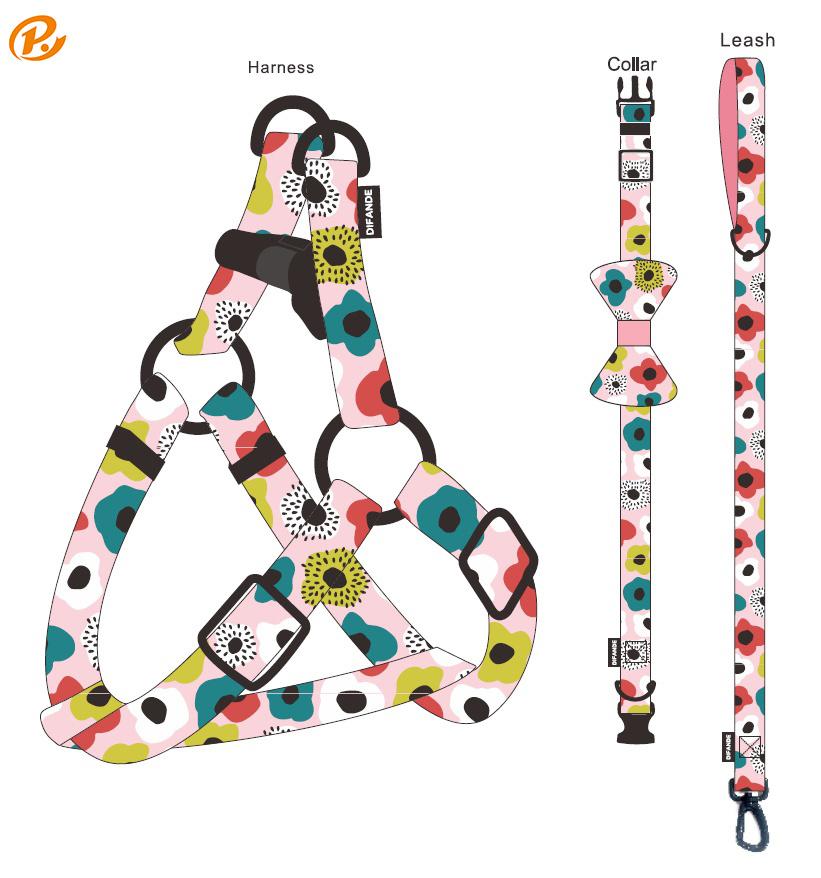 OEM Accept Adjustable Dog Collar Leash and Reversible Harness Set with Dog Bowtie Dog Pool Bag & Bandana
