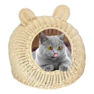 Renel Wholesale Washable Breathable Rattan Cat Bed with Cute Ears for Summer