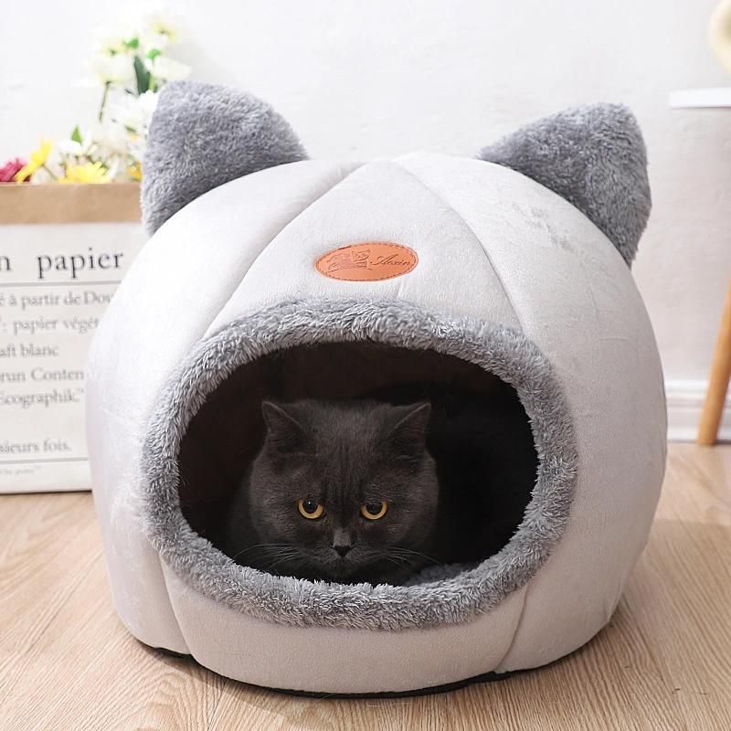 Indoor Nest Warm Breathable Firm Durable 2 in 1 Foldable Comfortable Triangle Semi-Closed Pet Tent Soft Cat Bed Cave