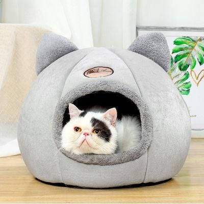 2-in-1 Foldable Cat Bed Kitten Cage Nest Indoor Cave House with Removable Soft Mat