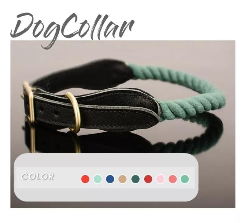 Luxury Cow Leather Organic Natural Cotton Braided Dog Climbing Rope Collar and Leash Set