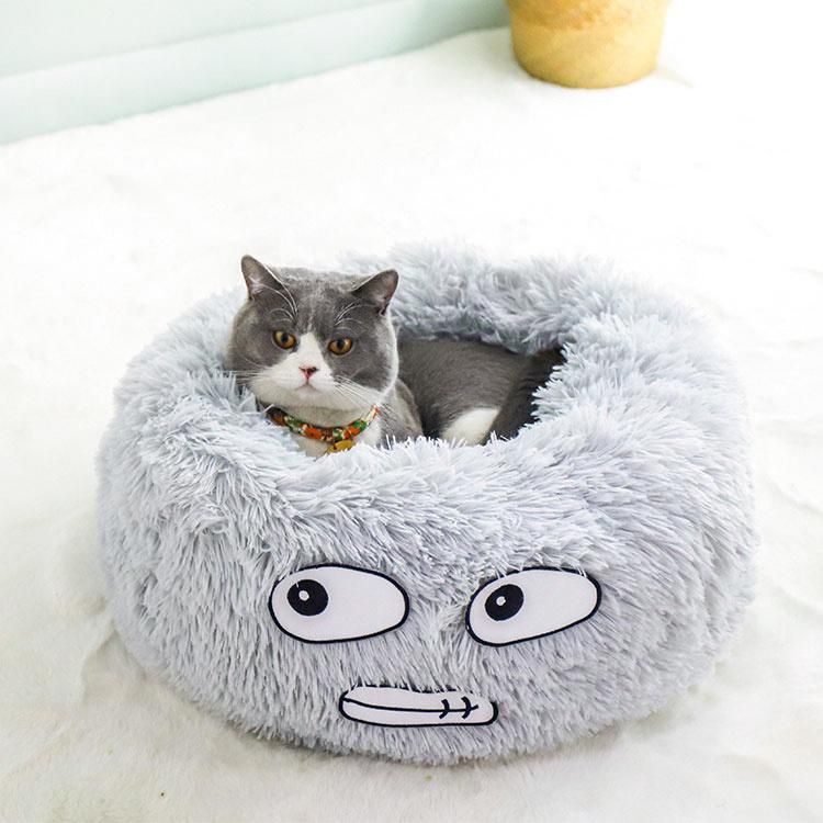 Pet Cushion Washable Cats Bed with Expression Fluffy Fur Dog Sleep Mat Comfortable Cat House Soft Warm Plush Pet Donut Bed