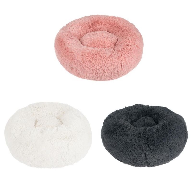 Wholesale Manufacturer Soft Luxury Plush Pink Grey White Pet Cushion Round Cat Dog Bed