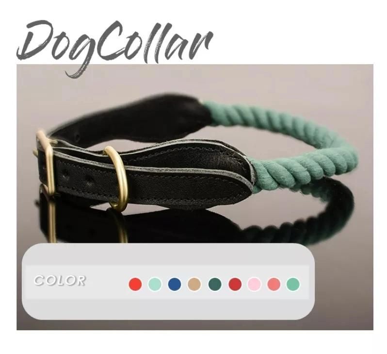 Natural Braided Green Dog Pet Collar Traction Cotton Rope Cow Leather Collar